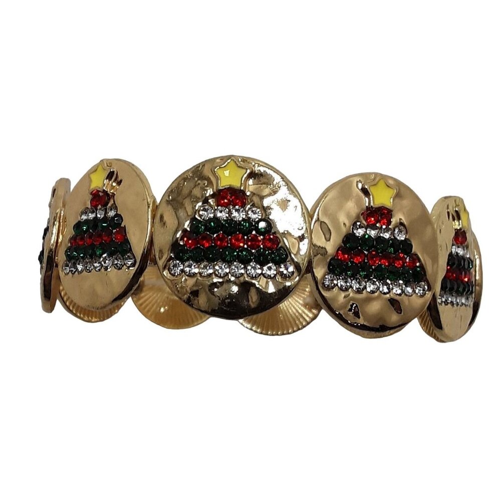 Rhinestone Christmas Tree Bracelet Gold Tone Stretch New
